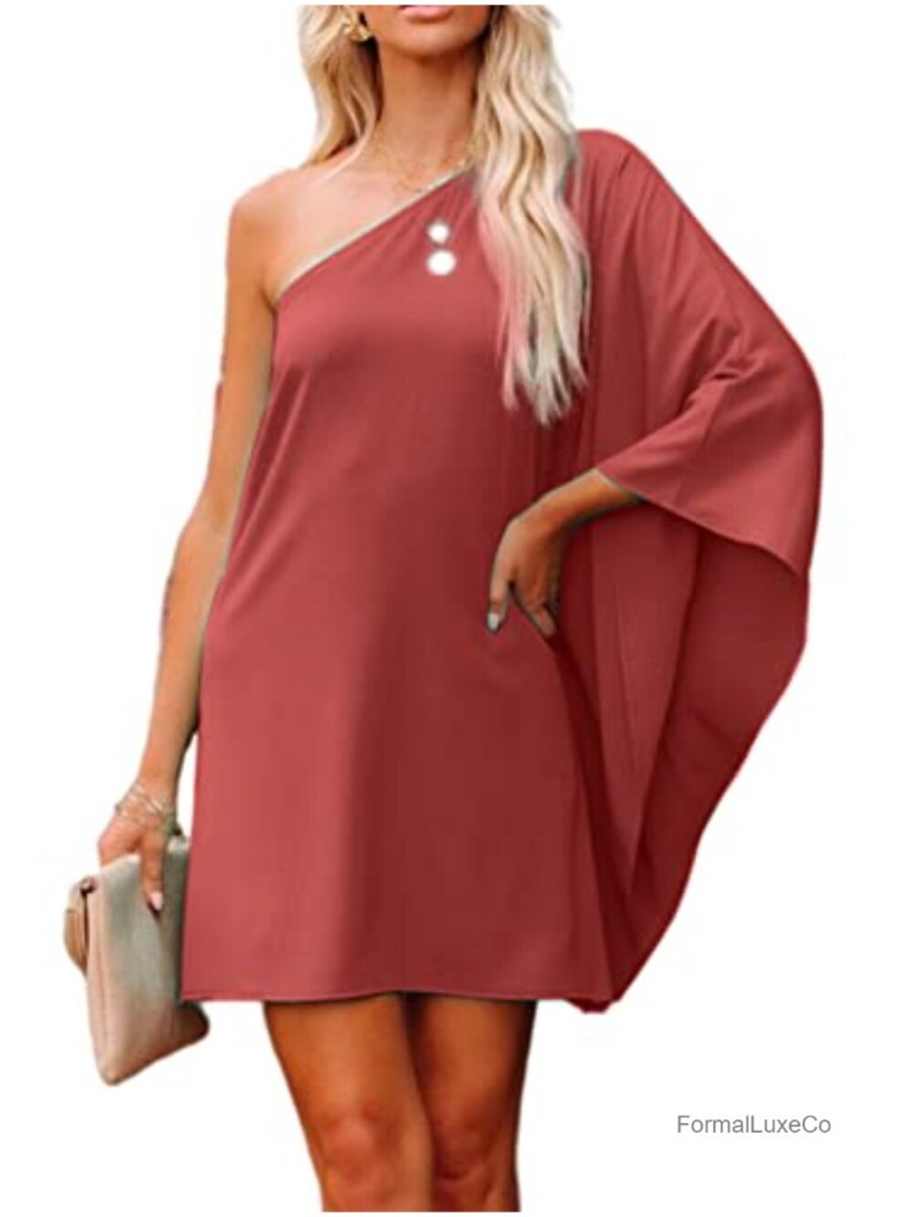 One Shoulder Ruffle Batwing Sleeve Mini Party Cocktail Dress - Picture 2 of 5